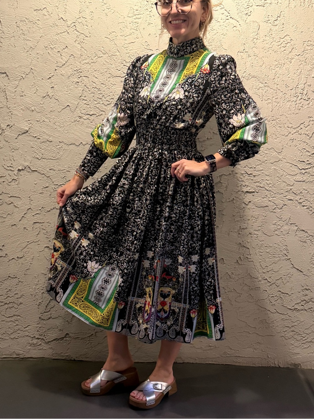 Gracia Midi Dress Black with Multicolor Stained Glass Print